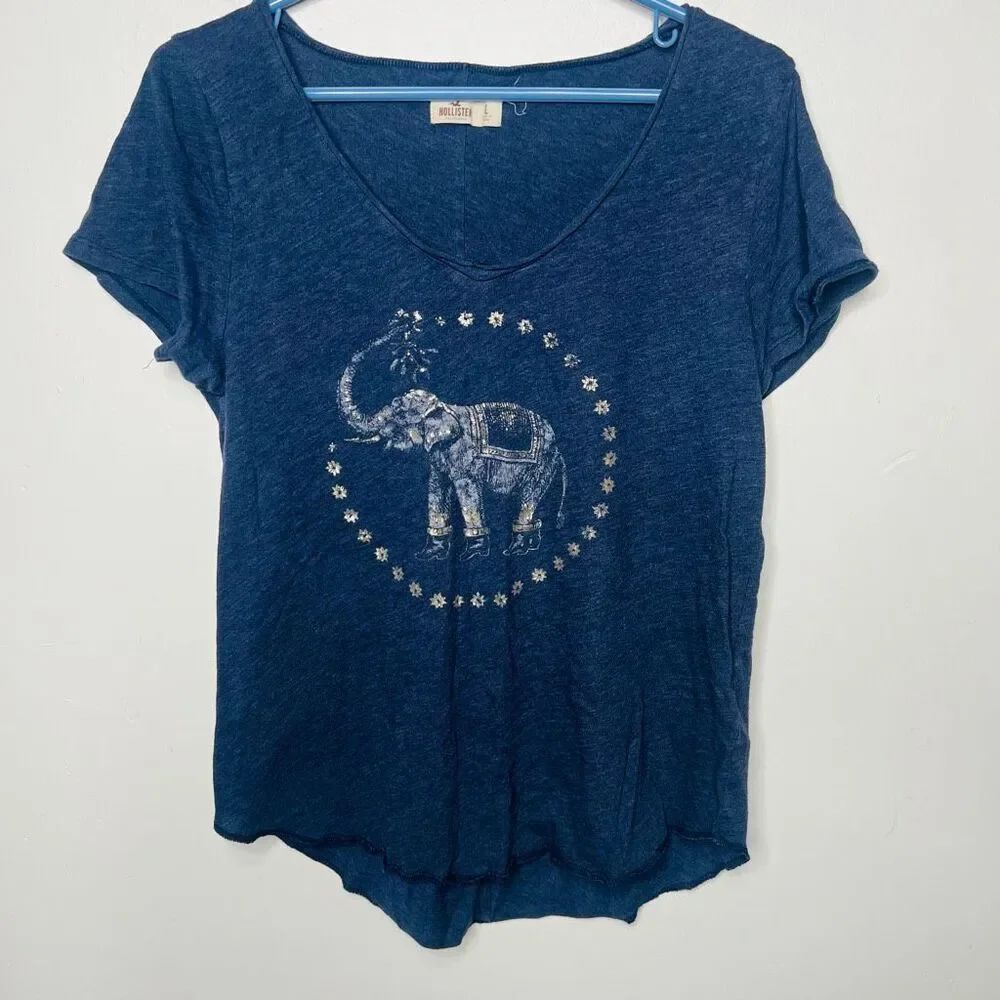 Hollister Navy Blue Gold Elephant T-shirt Cotton/Poly Blend Sz L